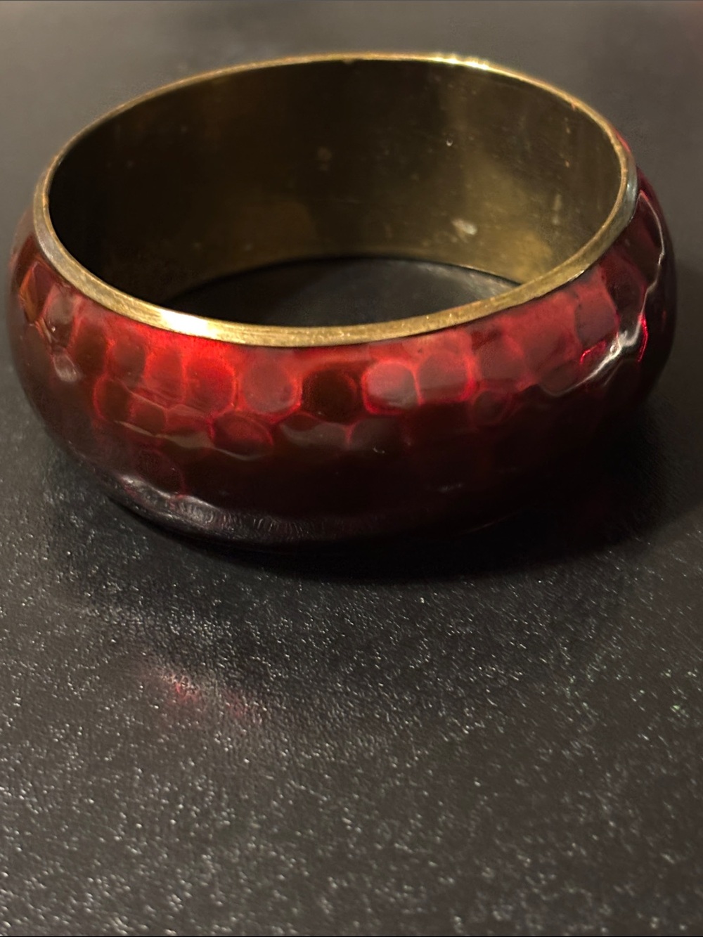 Vintage Red Enamel Hammered Bangle Bracelet with Gold-Tone Interior